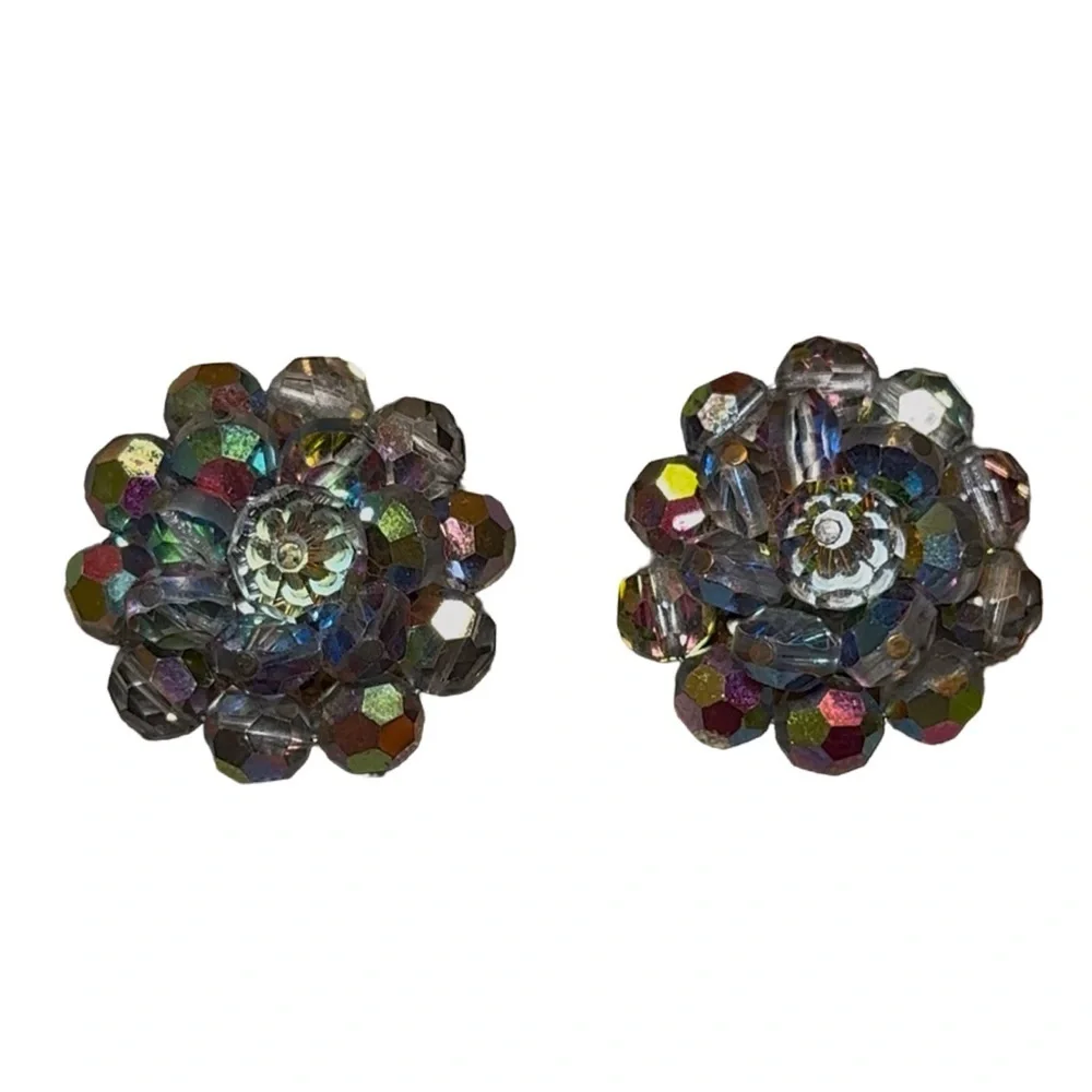 Silver and Multicolor Crystal Clip-On Earrings